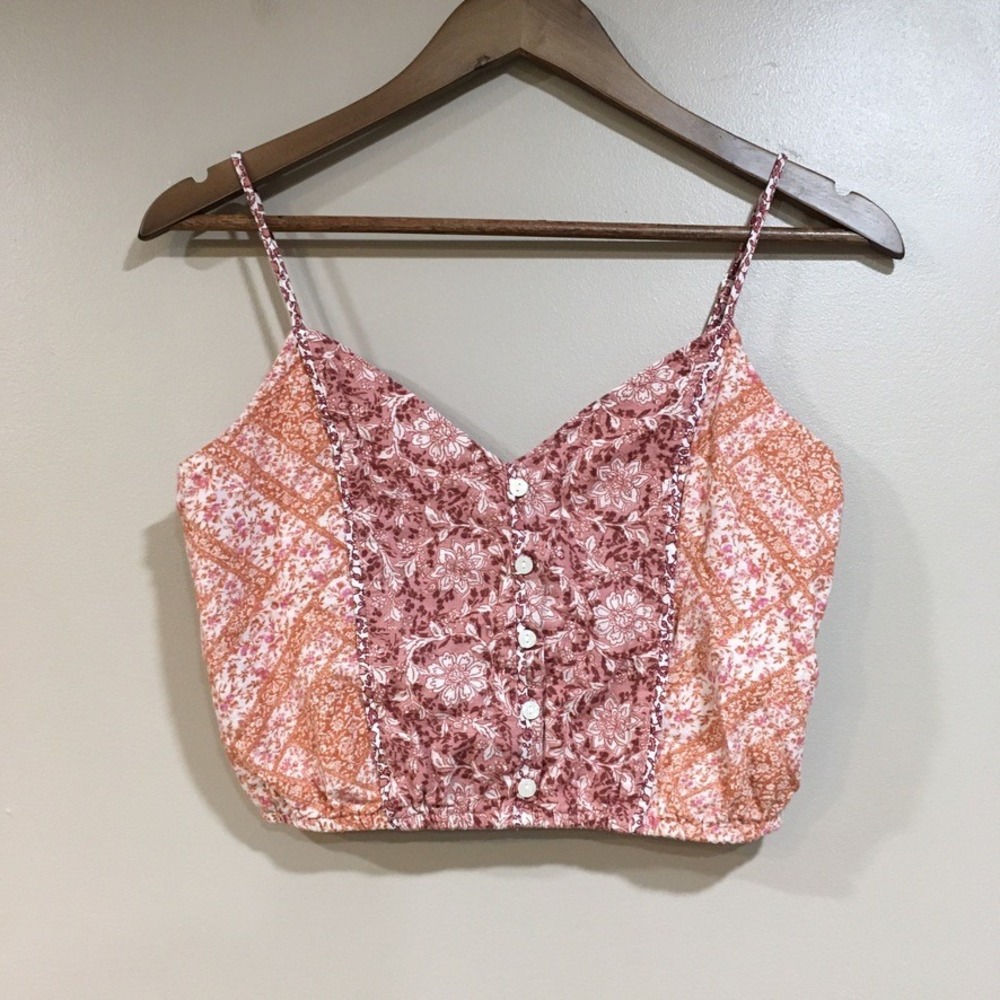 American Eagle Floral Patchwork‎ Linen Crop Top Womens XS Pink Boho Festival